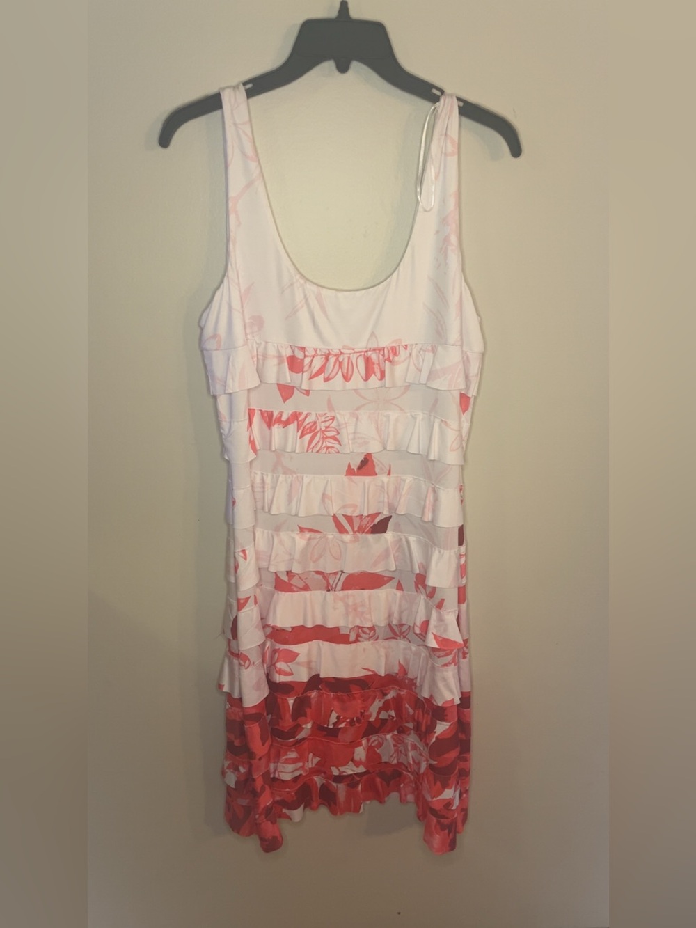 Sleeveless White and Coral Ruffle Midi Dress
